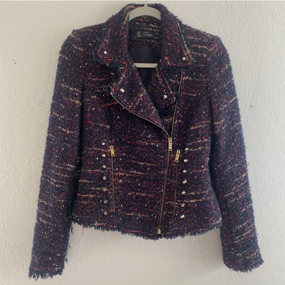 Zara Trafaluc Moto Jacket Boucle Knit Studded Size S Punk Rebel Zipper Tweed